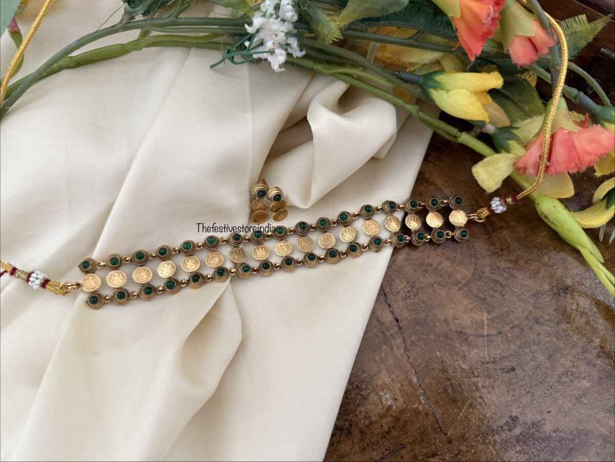 Lakshmi kaasu green stone choker set