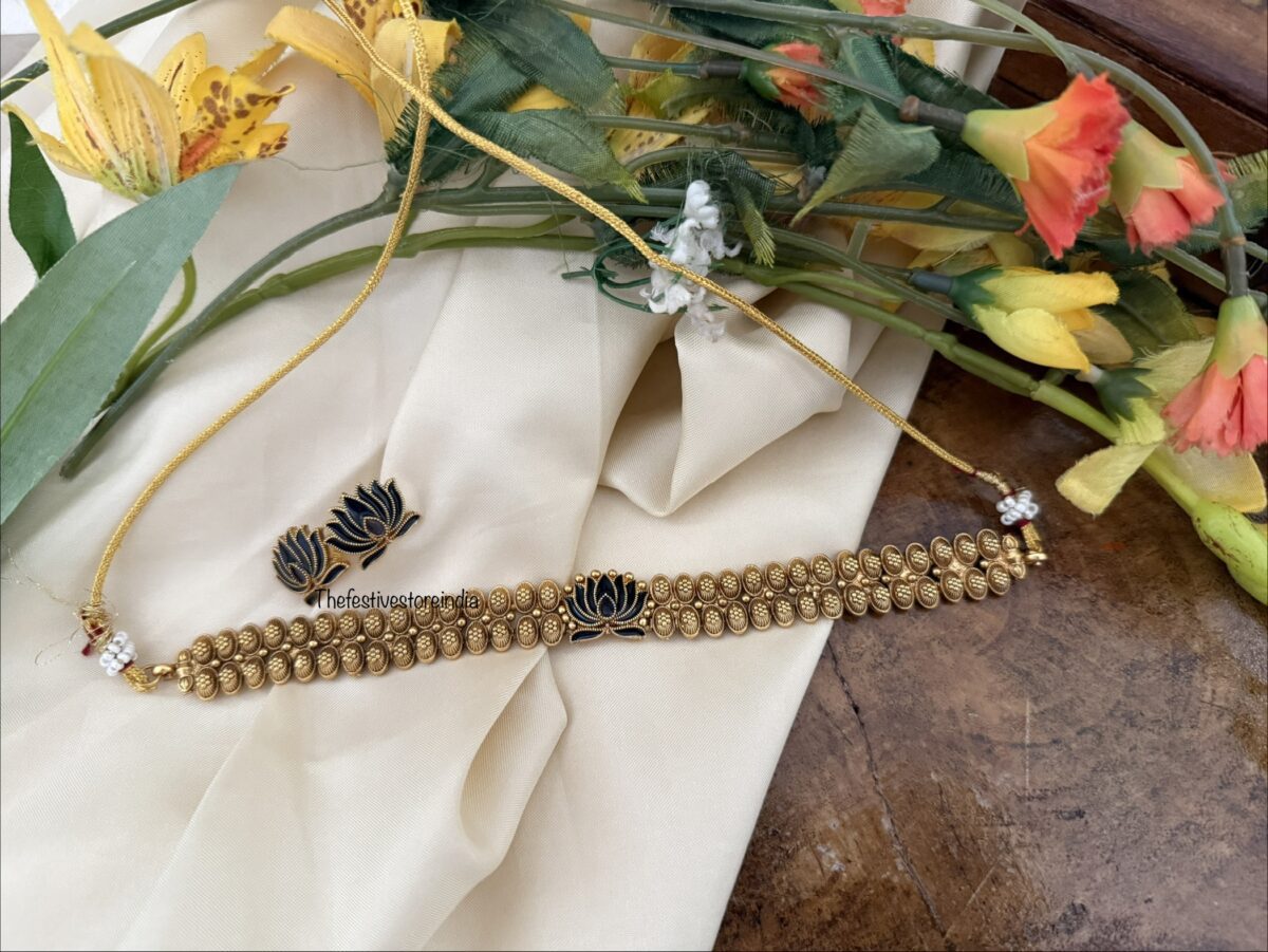 Enamel painted Navy blue Lotus choker set