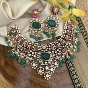 Heavy bridal Jadau moissanite non idol necklace set