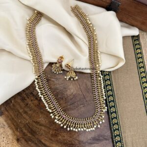 Premium kemp stone pearls haaram with jhumkas