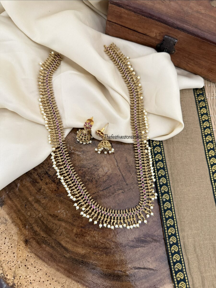 Premium kemp stone pearls haaram with jhumkas