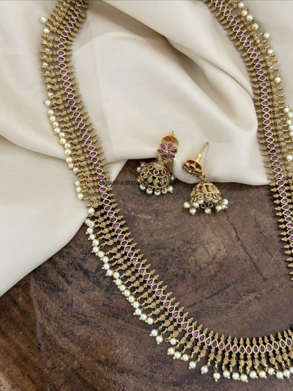 Premium kemp stone pearls haaram with jhumkas