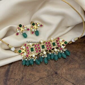 Jadau statement non idol green drop beads choker set with screwback earrings