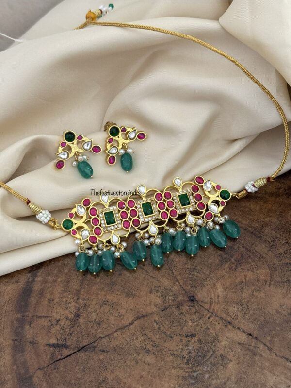 Jadau statement non idol green drop beads choker set with screwback earrings