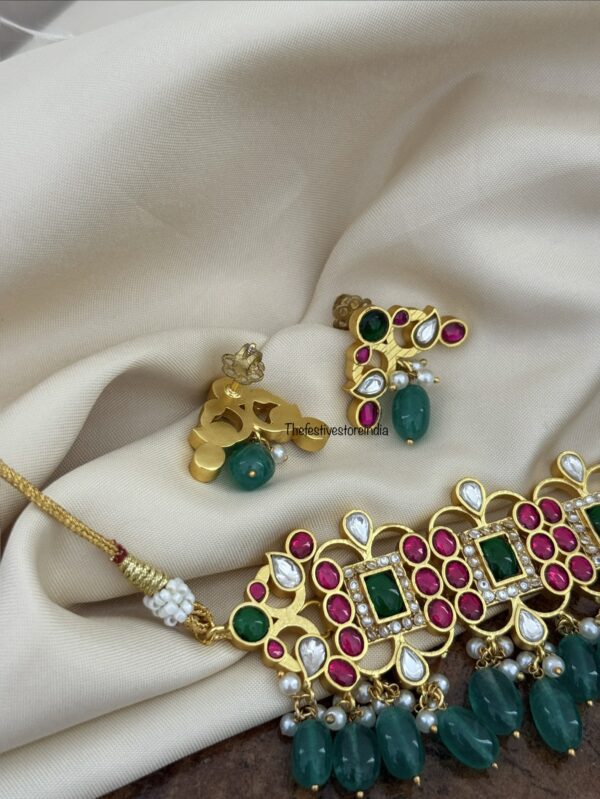 Jadau statement non idol green drop beads choker set with screwback earrings
