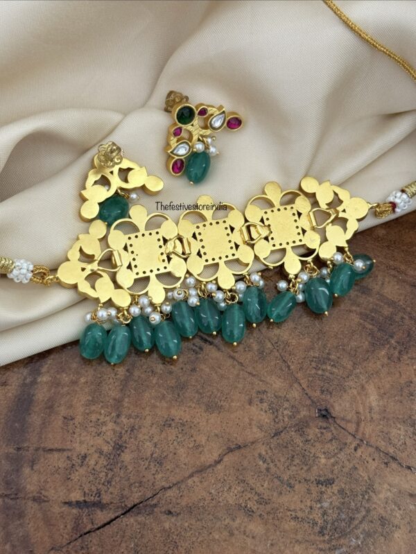Jadau statement non idol green drop beads choker set with screwback earrings