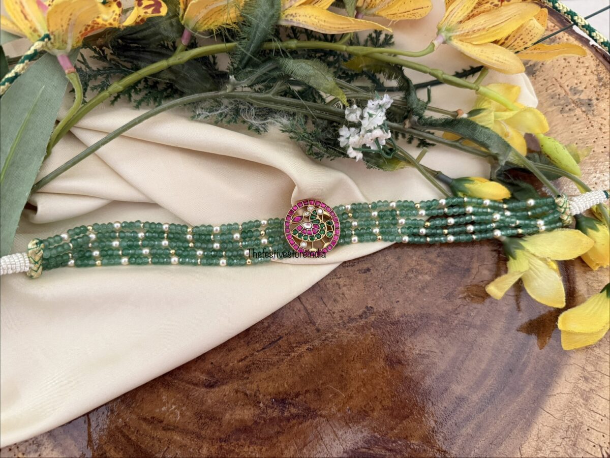 Jadau green beads classic navilu pendant choker