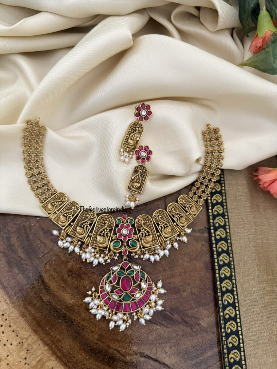 Antique polish Jadau pendant Bridal necklace set | Wedding