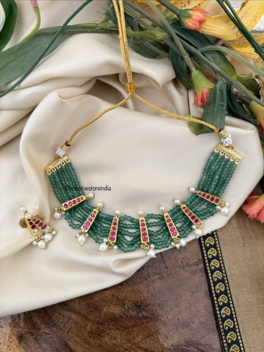 Jadau Green beads necklace set