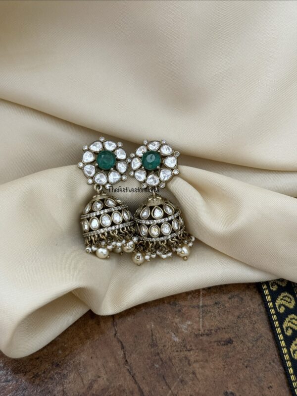 Premium Victorian polish moissanite stone jhumka -  Emerald