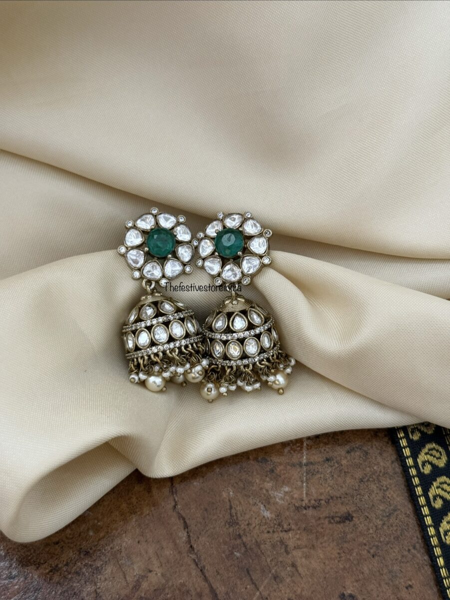 Premium Victorian polish moissanite stone jhumka -  Emerald