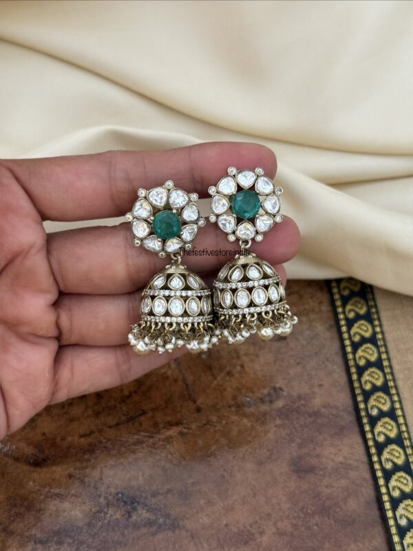 Premium Victorian polish moissanite stone jhumka -  Emerald
