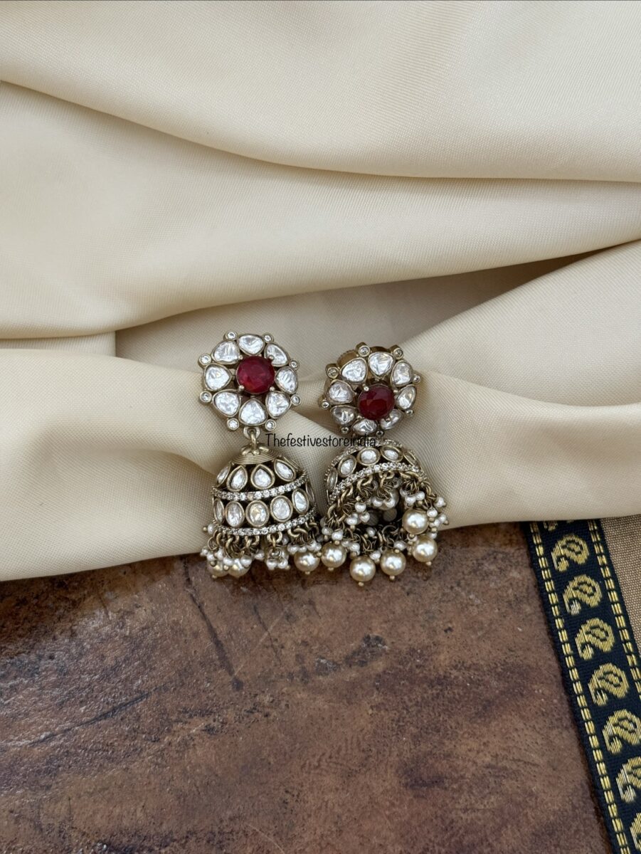 Premium Victorian polish moissanite stone jhumka -  Ruby