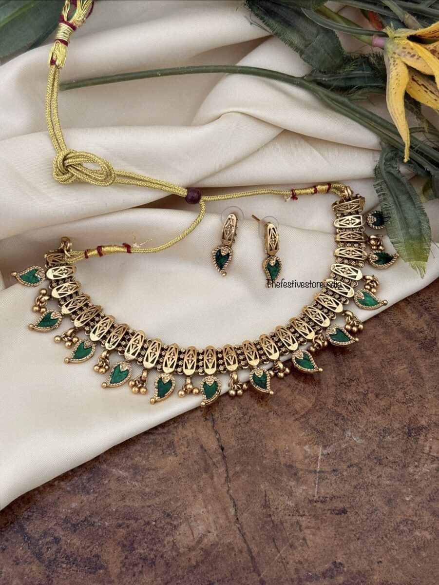 Antique polish enamel green mango necklace set