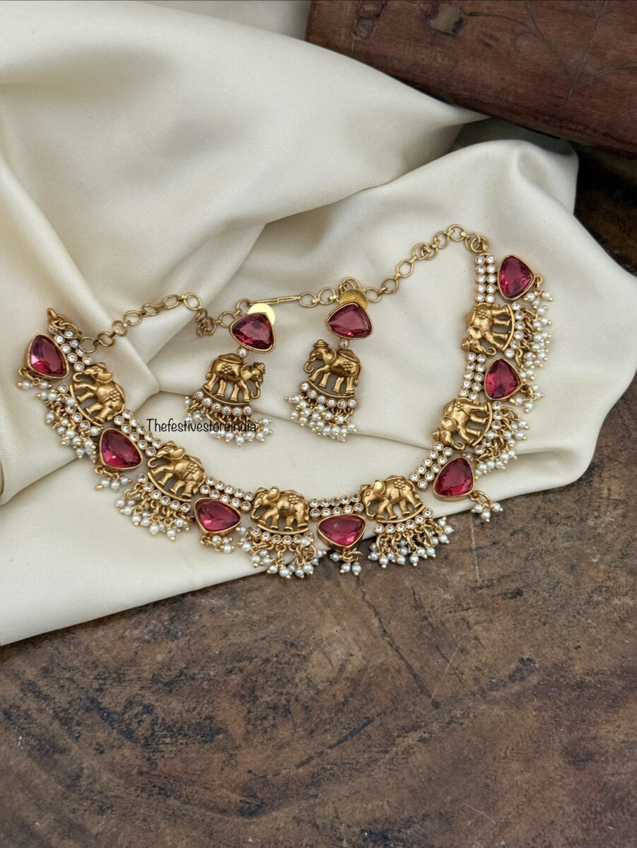Elephant ruby necklace set with back chain