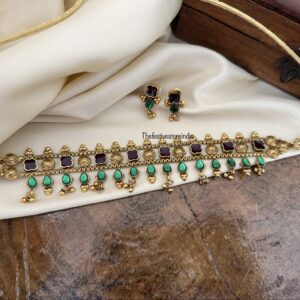 Classic enamel painted Purple green gold drops choker set | Kerala style
