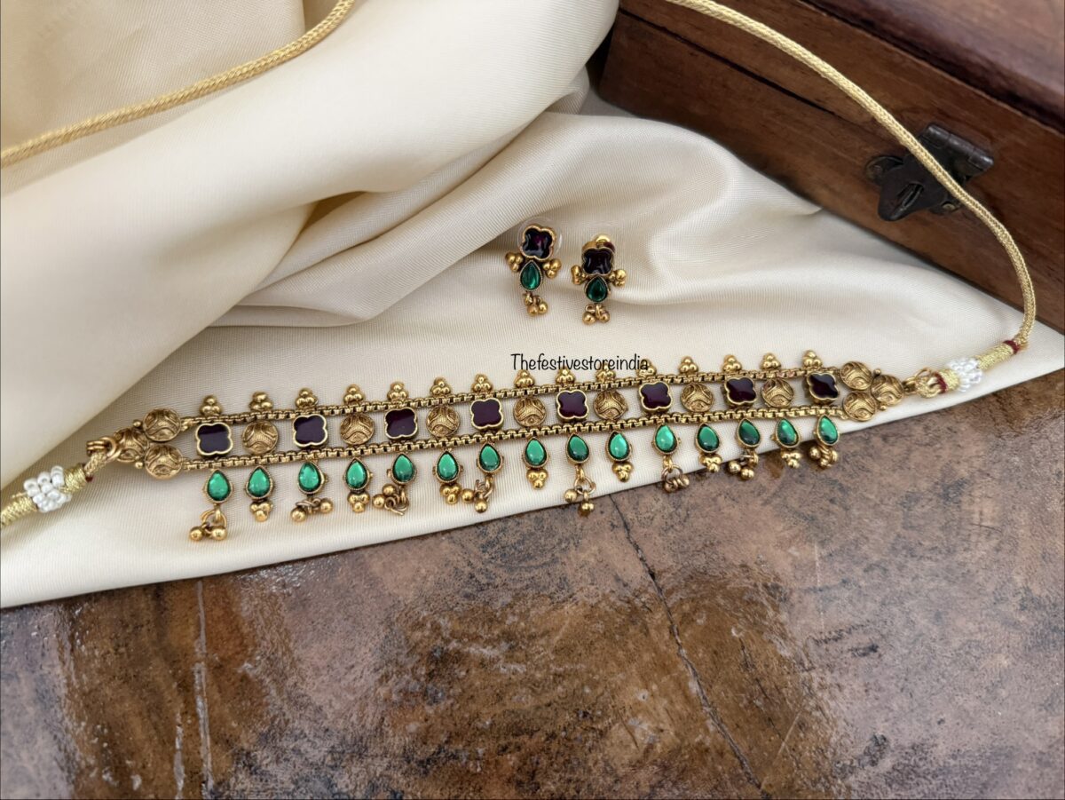 Classic enamel painted Purple green gold drops choker set | Kerala style