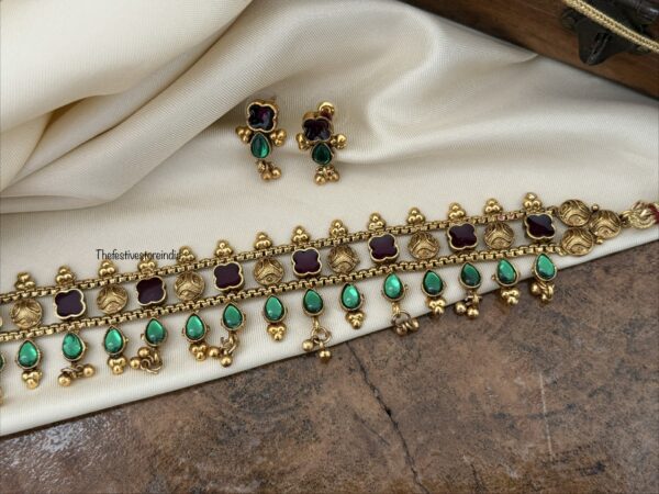 Classic enamel painted Purple green gold drops choker set | Kerala style
