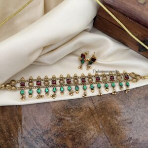 Classic enamel painted Red green gold drops choker set | Kerala style