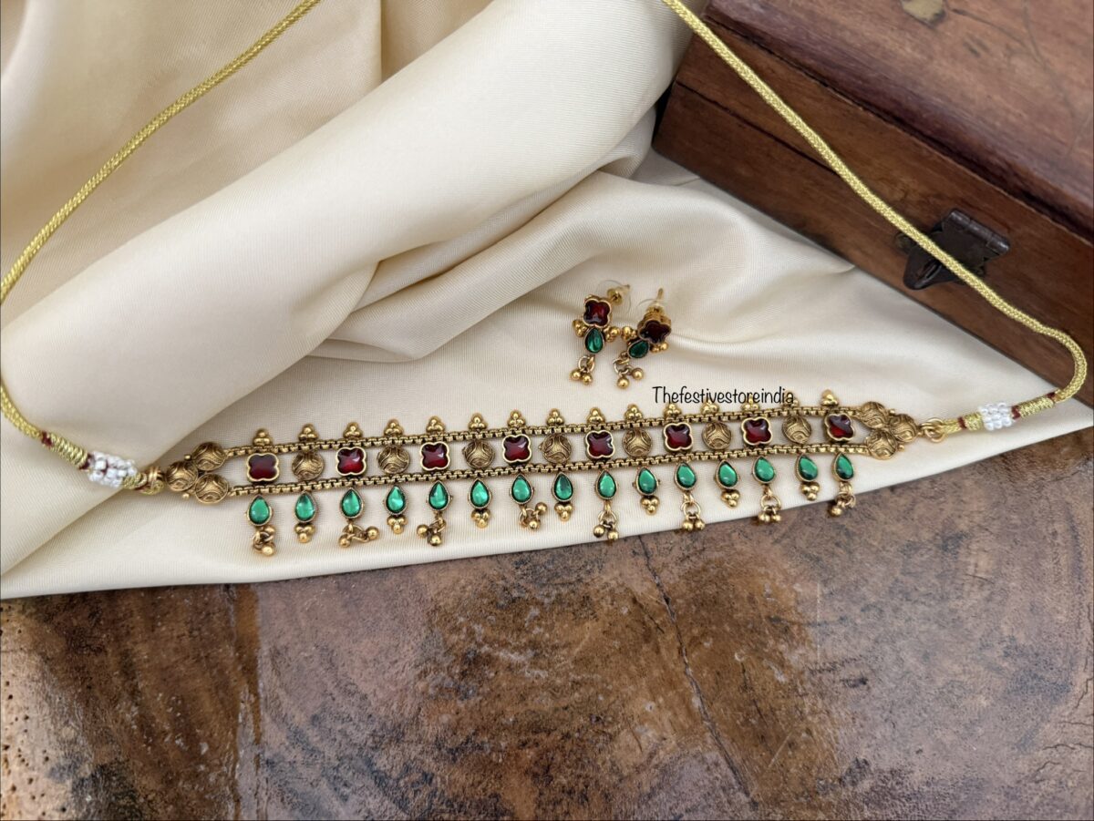 Classic enamel painted Red green gold drops choker set | Kerala style