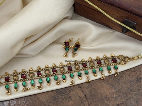 Classic enamel painted Red green gold drops choker set | Kerala style