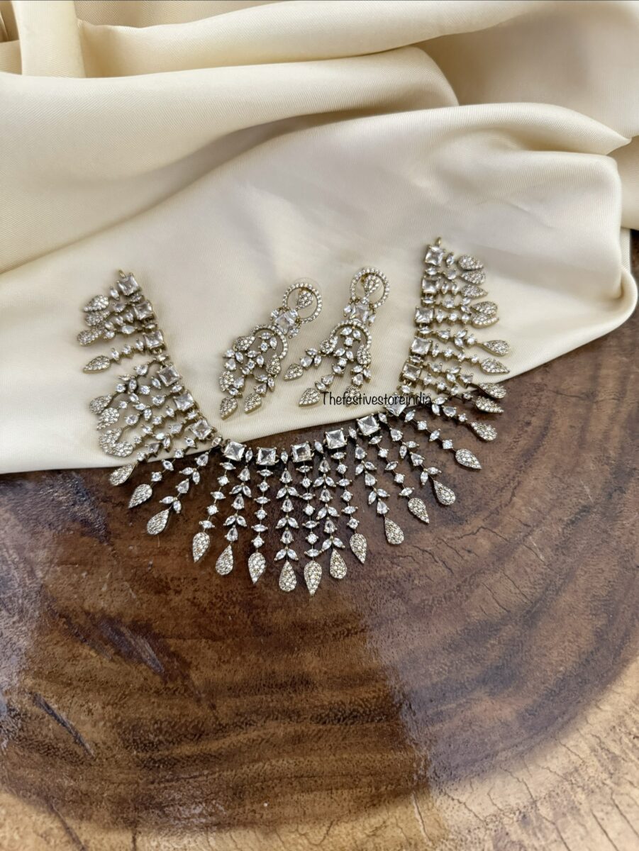 All white CZ and diamonds stone necklace set