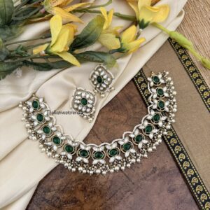 Victorian polish green stone drop pearls necklace set