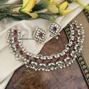 Victorian polish red stone drop pearls necklace set