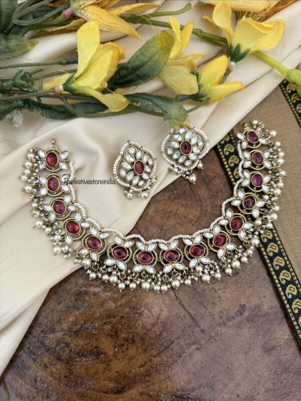 Victorian polish red stone drop pearls necklace set