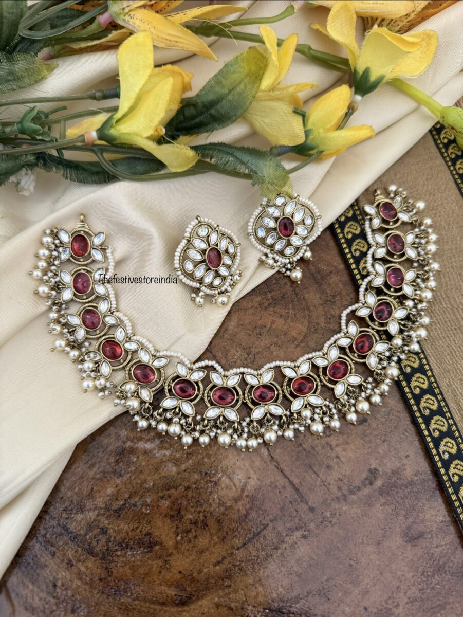 Victorian polish red stone drop pearls necklace set