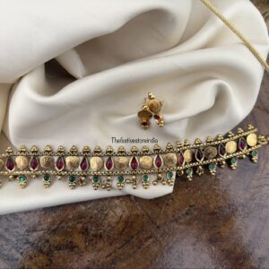 Budgeted lakshmi kaasu red green stone choker set