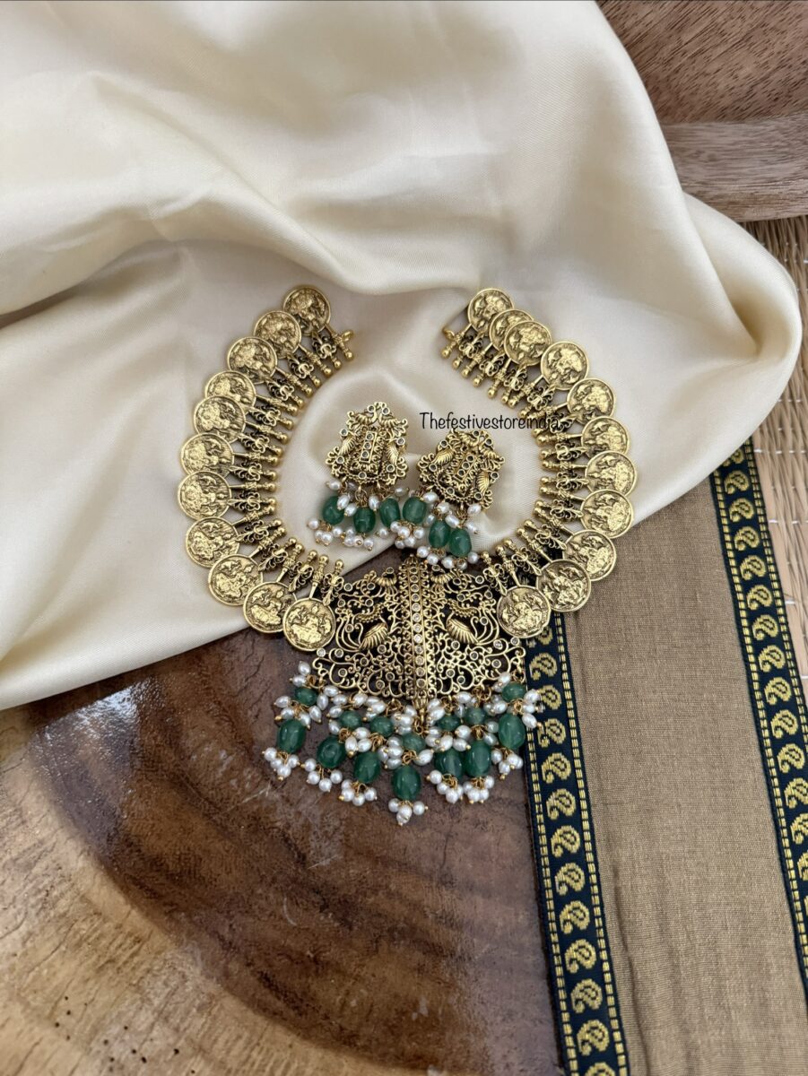 Bridal kaasu green drop beads necklace set | Wedding
