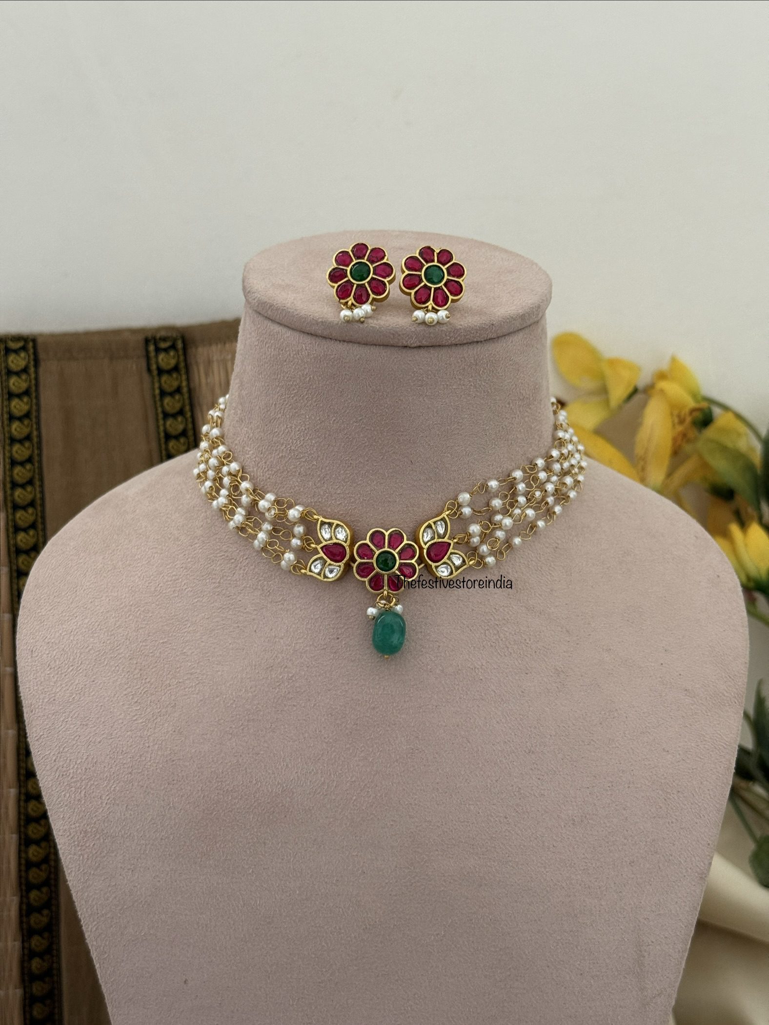 Jadau Floral motif pearl choker set | Classic