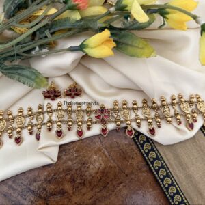 Enamel painted red lotus & Lakshmi mango choker set