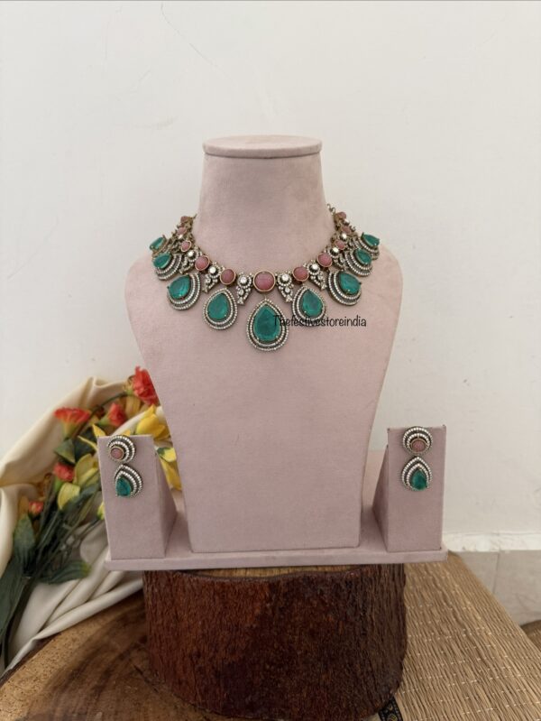 Mint pink moissanite stones designer necklace set | Bridal | Unique