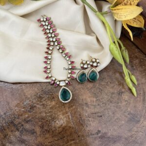 Turquoise, Rubyrose and moissanite stone Jadau necklace set