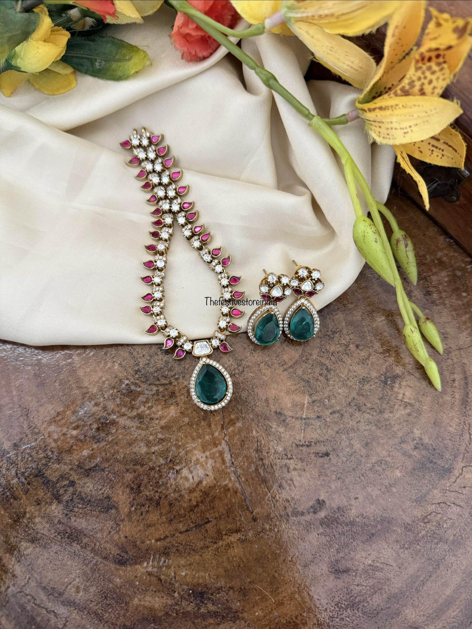 Turquoise, Rubyrose and moissanite stone Jadau necklace set