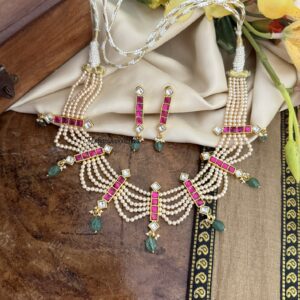 Jadau rubyrose stone and green drops pearls necklace set