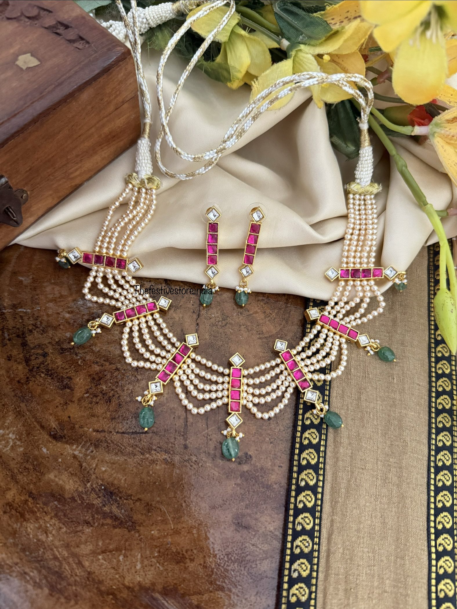 Jadau rubyrose stone and green drops pearls necklace set