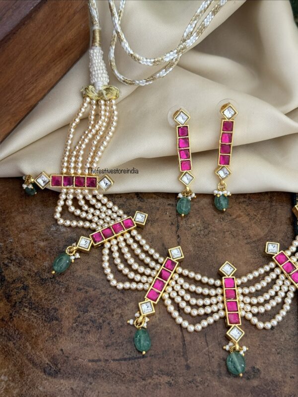 Jadau rubyrose stone and green drops pearls necklace set