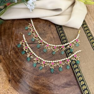 Jadau red stones with green drops ear chain | maatil | Bridal | Champasaralu