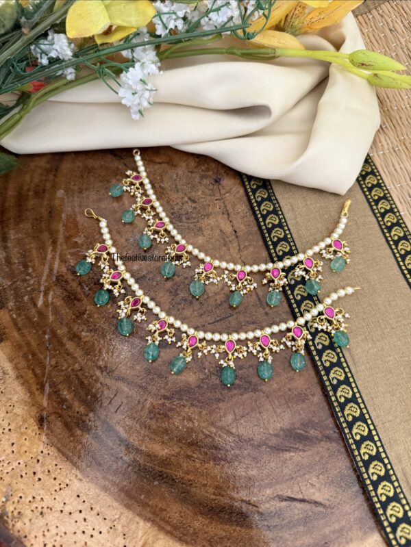 Jadau red stones with green drops ear chain | maatil | Bridal | Champasaralu