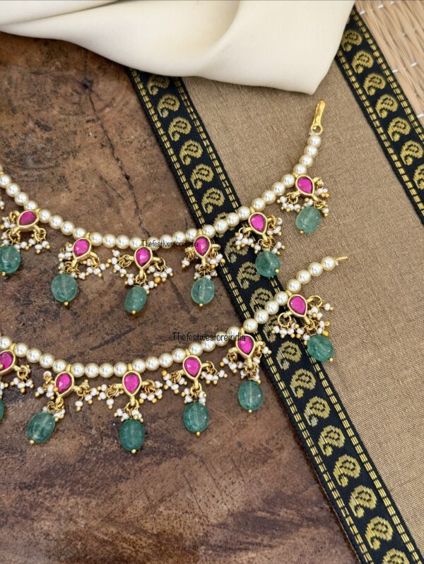 Jadau red stones with green drops ear chain | maatil | Bridal | Champasaralu