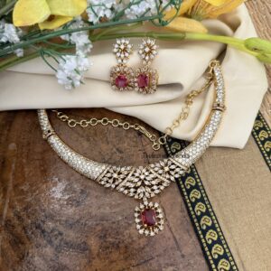Diamonds kanti with ruby drop pendent set