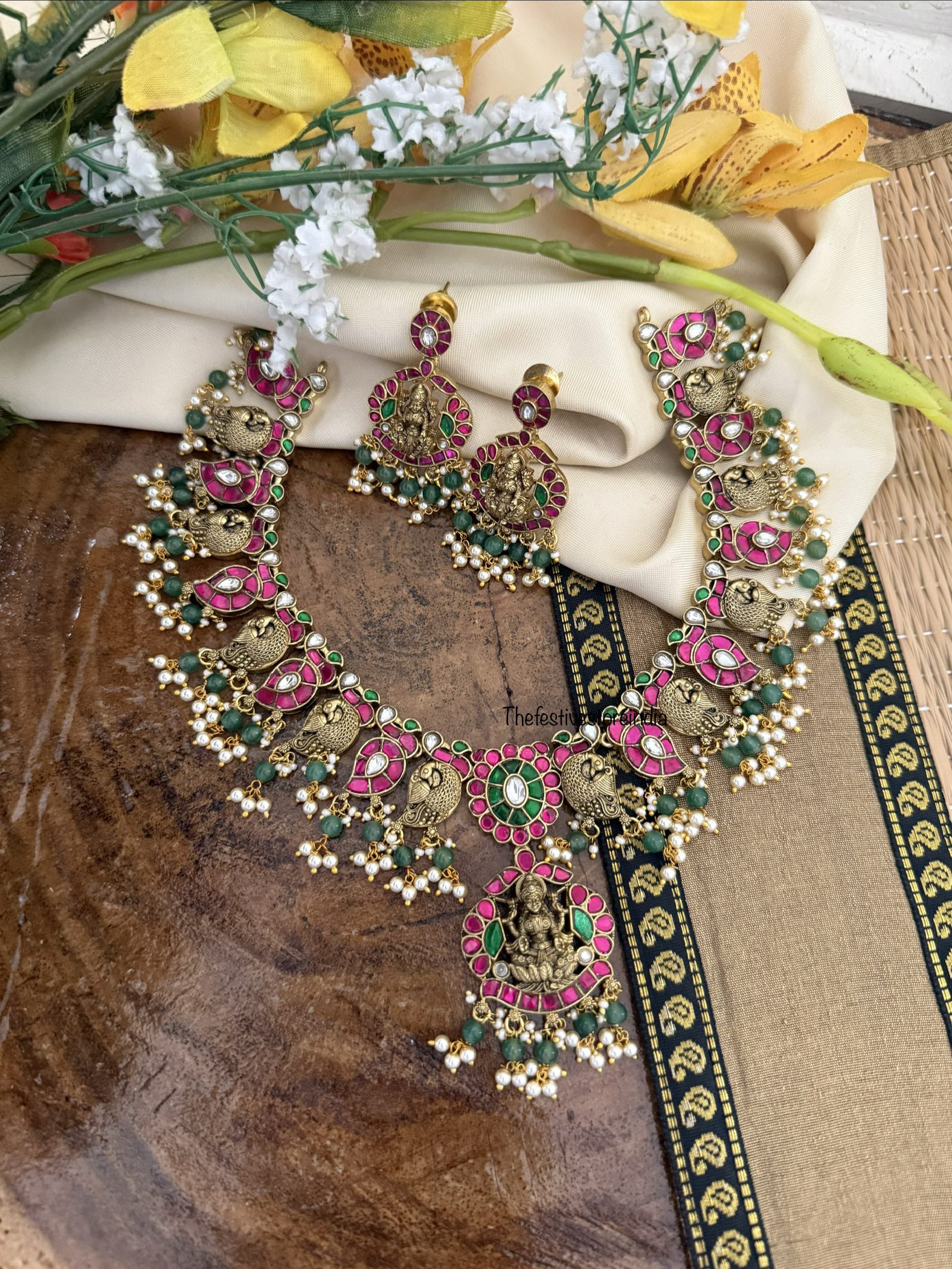 Jadau antique polish Lakshmi bridal necklace set