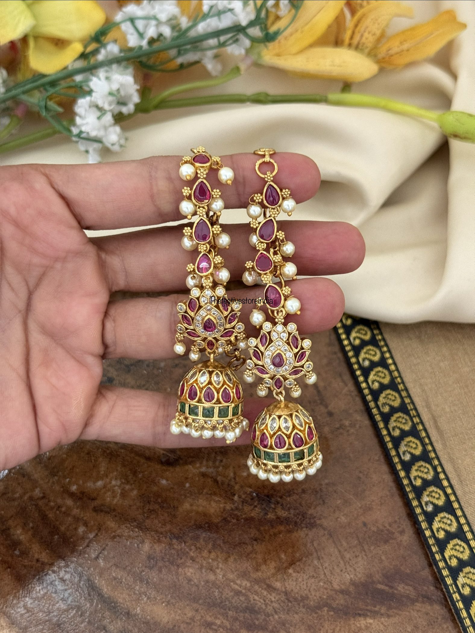 Kemp lotus jhumkas with overall maati
