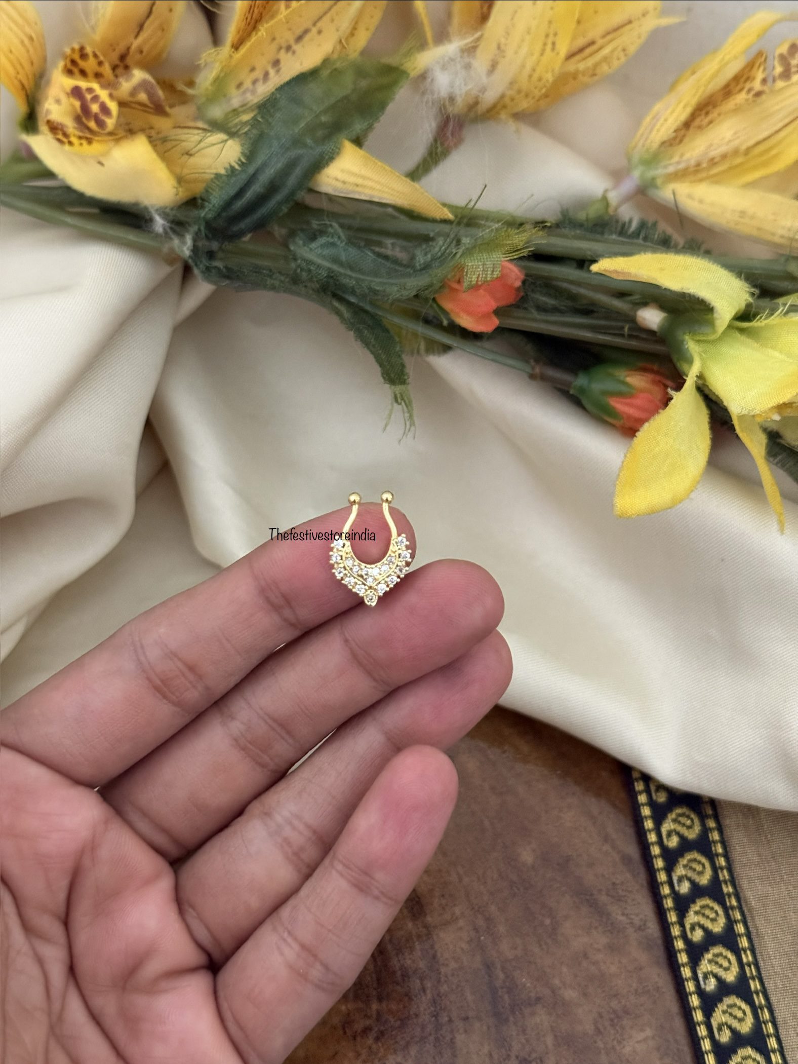 Gold polish all diamonds designer Septum ring | Muhurtham accessory