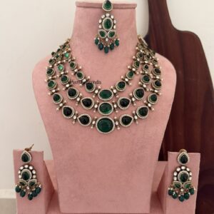 Heavy Victorian emeralds 3layer necklace set with maangtikka | Bridal | Wedding