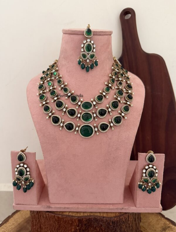 Heavy Victorian emeralds 3layer necklace set with maangtikka | Bridal | Wedding