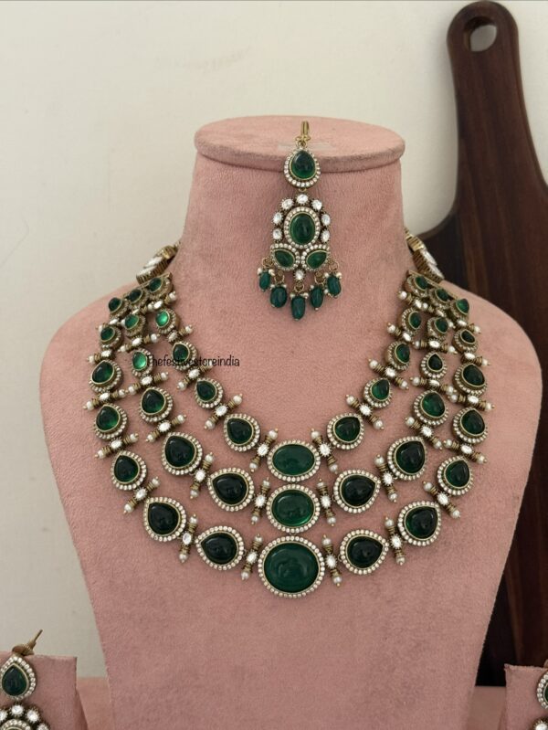 Heavy Victorian emeralds 3layer necklace set with maangtikka | Bridal | Wedding